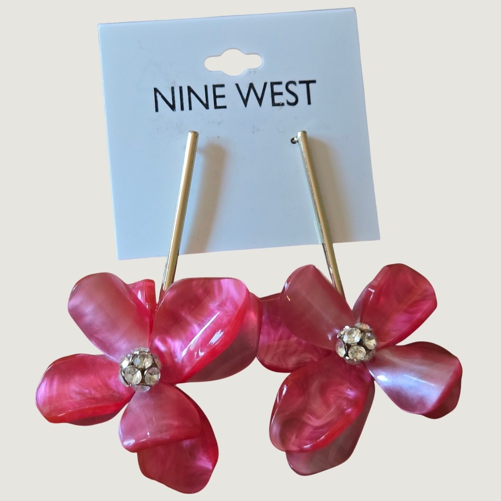 Nine West Pink Resin Flower Drop Earrings Gold Tone Rhinestone Statement Jewelry